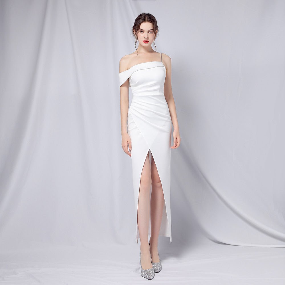 Off-Shoulder Ruched Split Cocktail Dress - Luzilly Bridal & Apparel