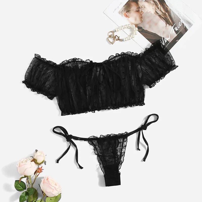 Off-Shoulder Ruffle Bralette Set with Butterfly Embroidery - Luzilly Bridal & Apparel