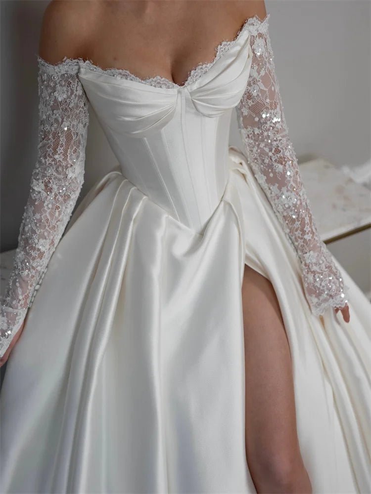 Off-Shoulder Satin A-Line Wedding Gown with Side Slit - Luzilly Bridal & Apparel