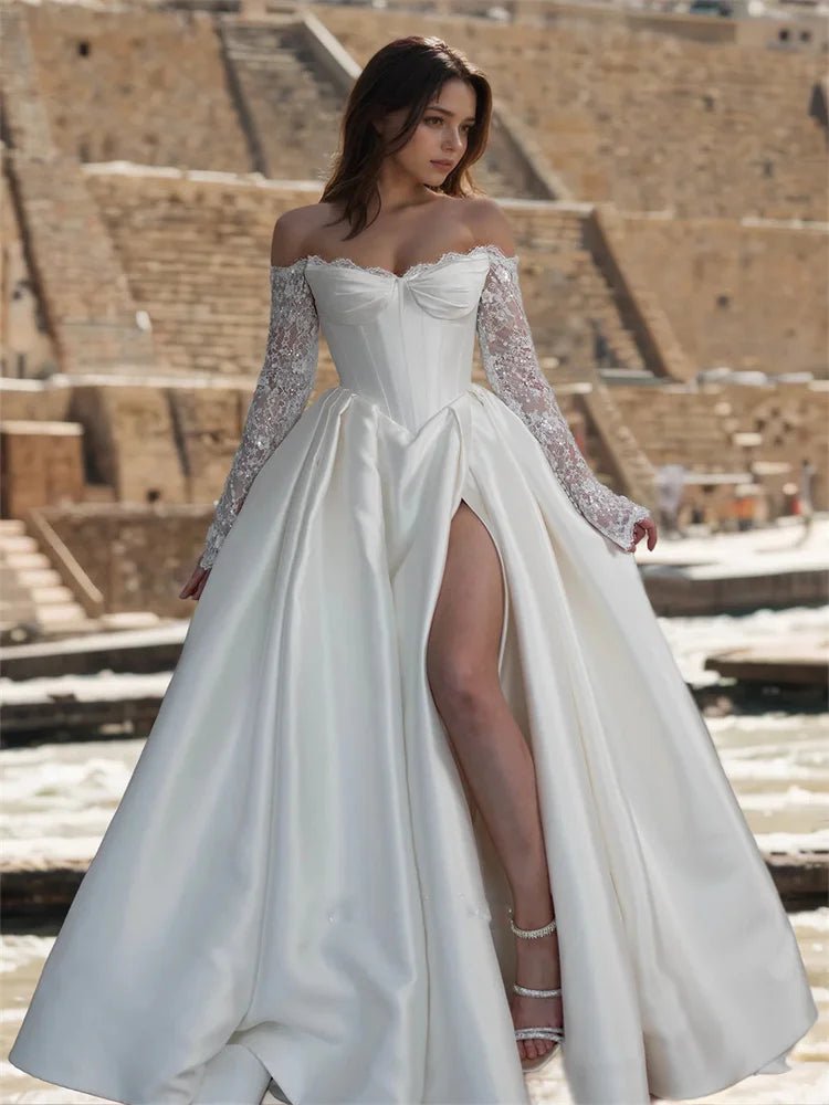 Off-Shoulder Satin A-Line Wedding Gown with Side Slit - Luzilly Bridal & Apparel