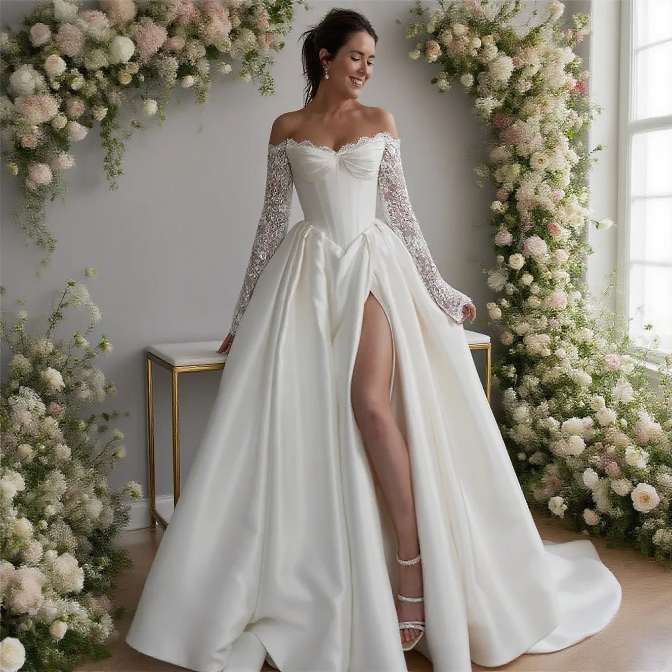 Off-Shoulder Satin A-Line Wedding Gown with Side Slit - Luzilly Bridal & Apparel