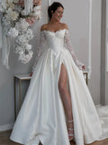 Off-Shoulder Satin A-Line Wedding Gown with Side Slit - Luzilly Bridal & Apparel