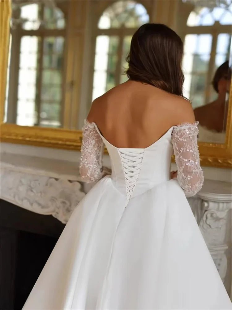 Off-Shoulder Satin A-Line Wedding Gown with Side Slit - Luzilly Bridal & Apparel