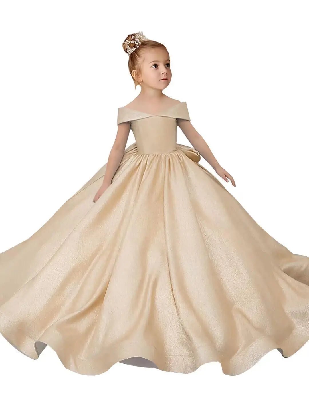 Off-Shoulder Satin Bow Flower Girl Ball Gown - Luzilly Bridal & Apparel