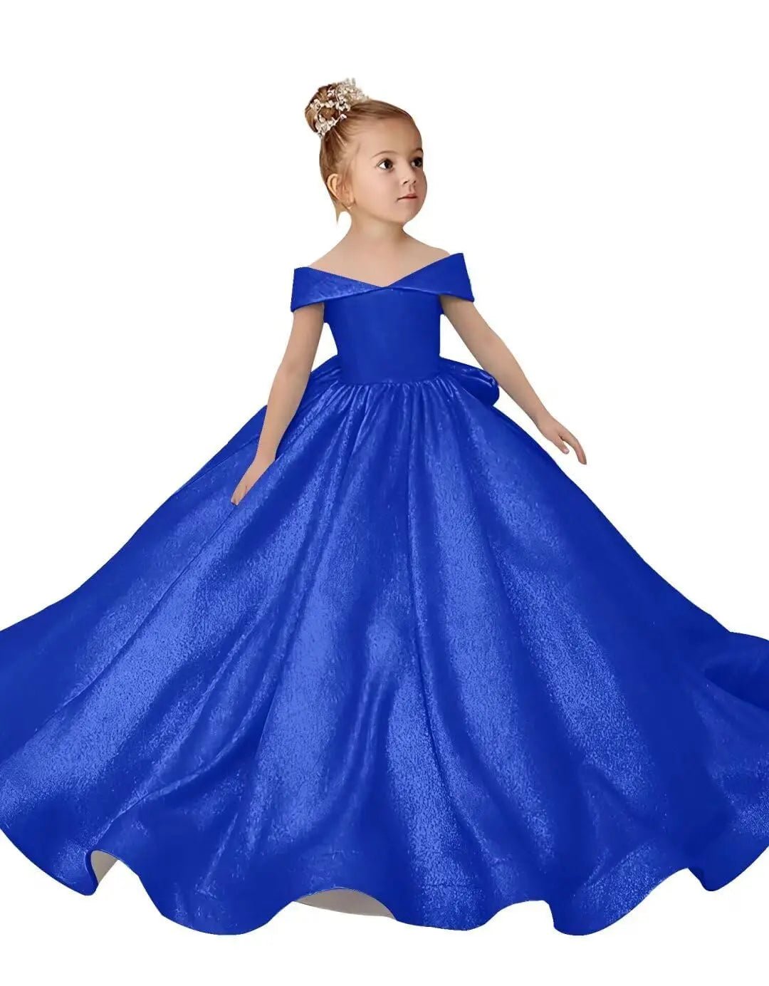 Off-Shoulder Satin Bow Flower Girl Ball Gown - Luzilly Bridal & Apparel