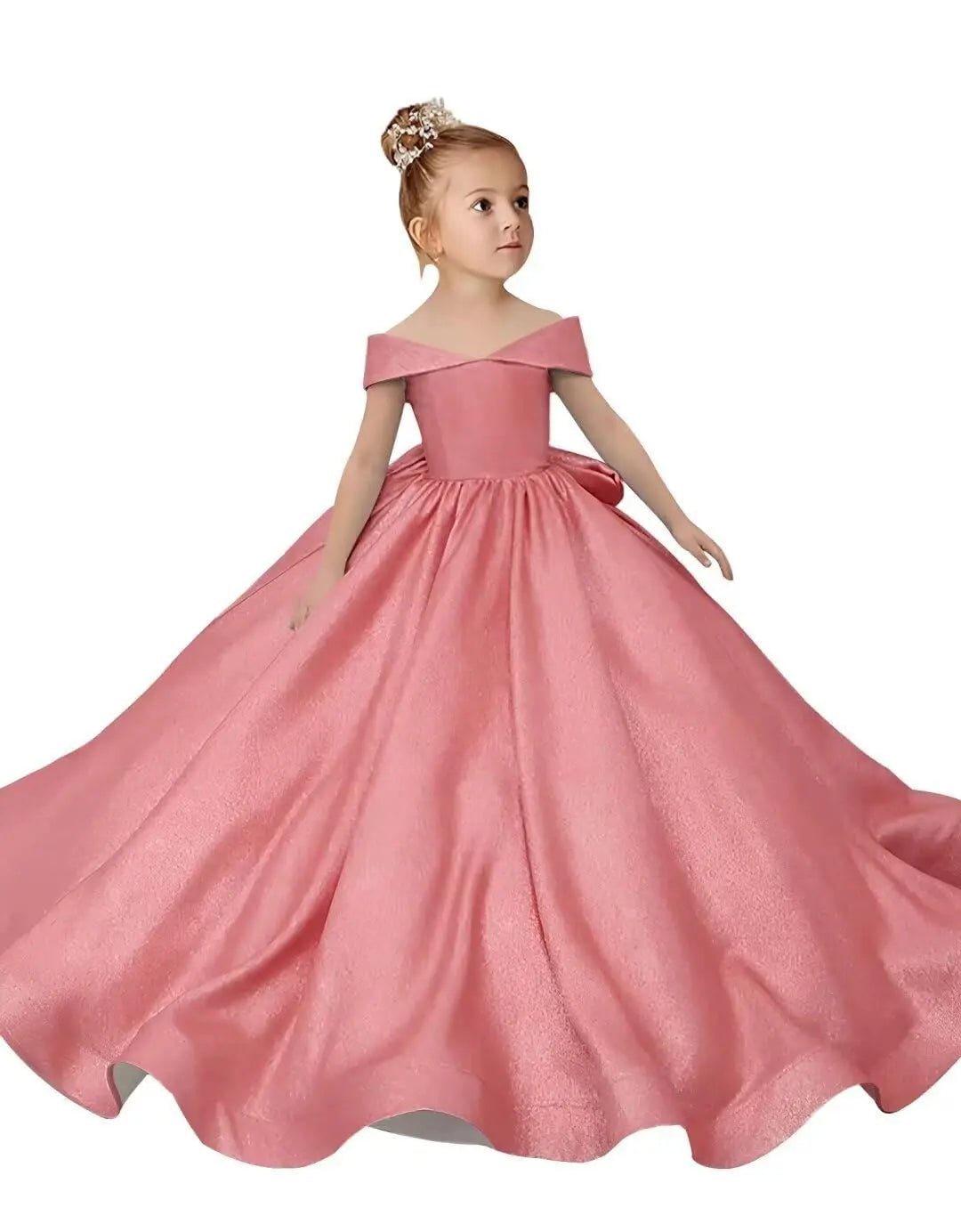 Off-Shoulder Satin Bow Flower Girl Ball Gown - Luzilly Bridal & Apparel