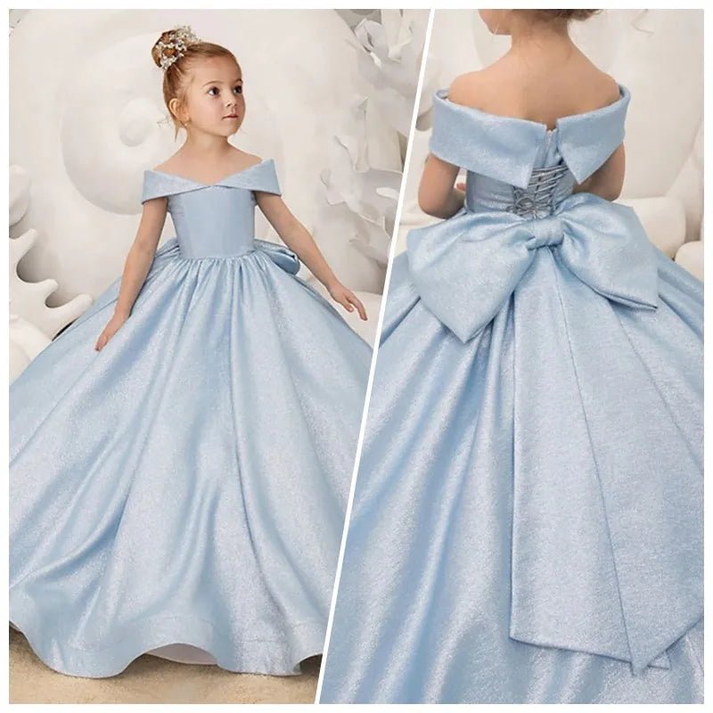 Off-Shoulder Satin Bow Flower Girl Ball Gown - Luzilly Bridal & Apparel