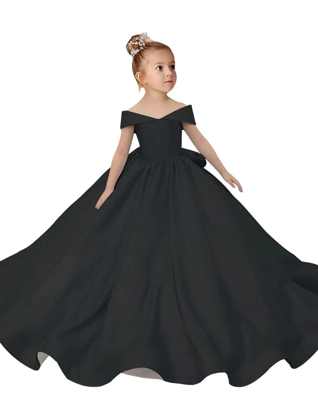 Off-Shoulder Satin Bow Flower Girl Ball Gown - Luzilly Bridal & Apparel