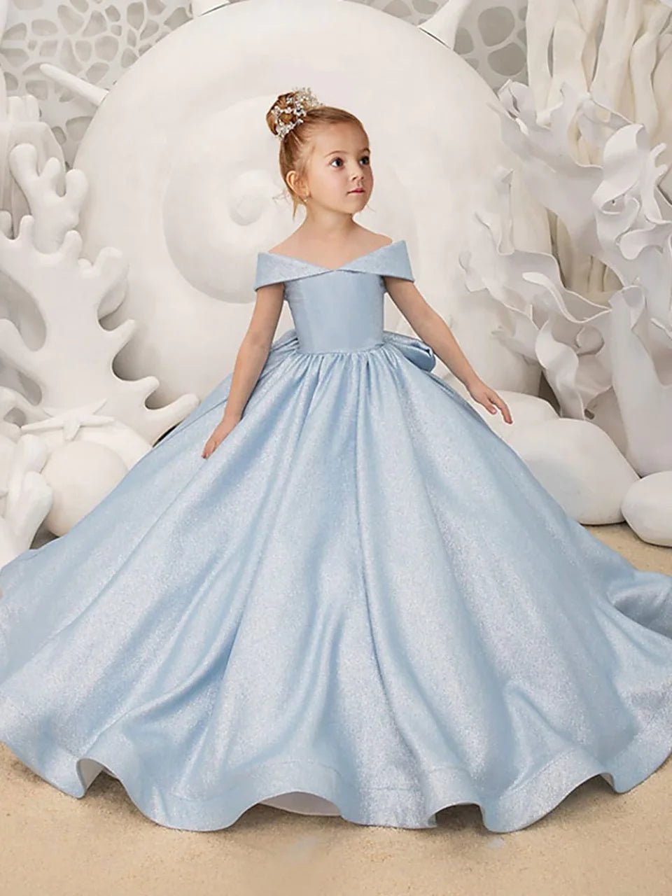 Off-Shoulder Satin Bow Flower Girl Ball Gown - Luzilly Bridal & Apparel