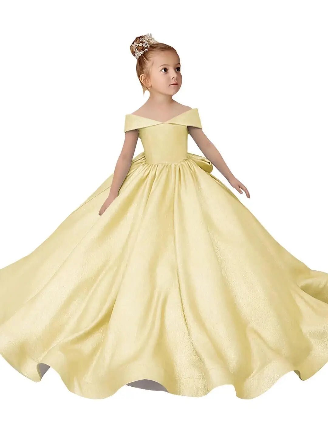 Off-Shoulder Satin Bow Flower Girl Ball Gown - Luzilly Bridal & Apparel