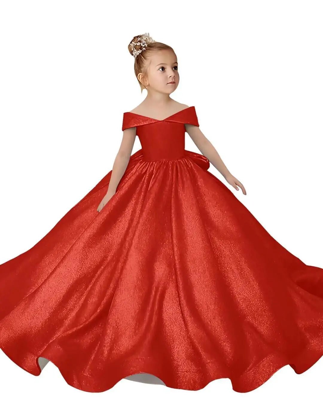 Off-Shoulder Satin Bow Flower Girl Ball Gown - Luzilly Bridal & Apparel