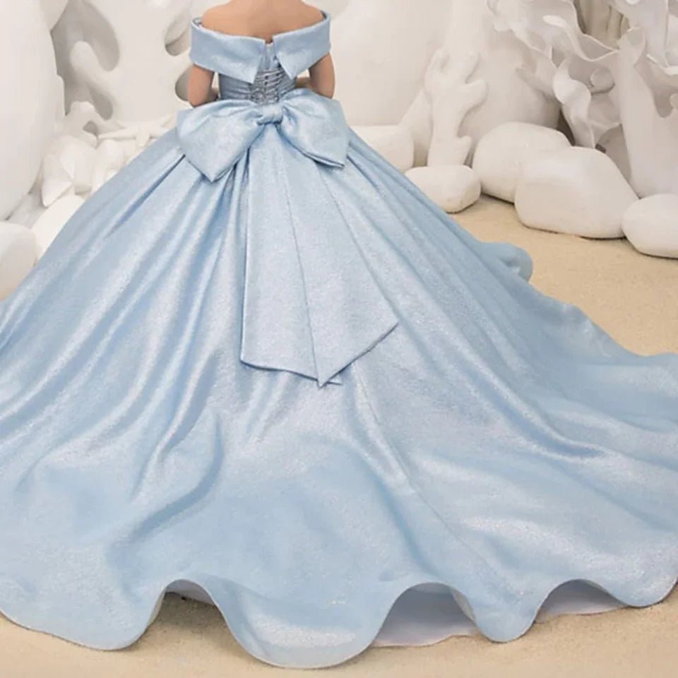 Off-Shoulder Satin Bow Flower Girl Ball Gown - Luzilly Bridal & Apparel