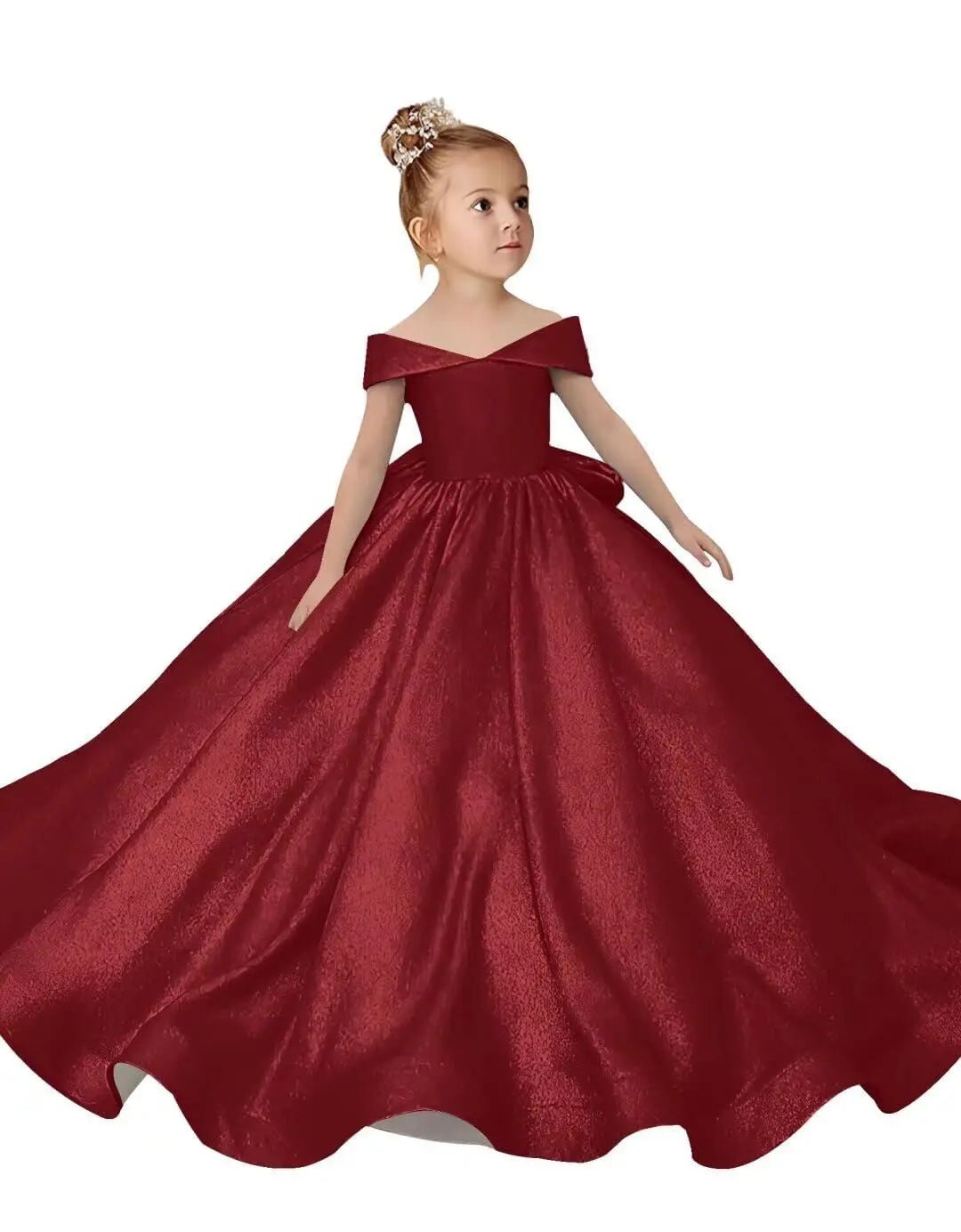 Off-Shoulder Satin Bow Flower Girl Ball Gown - Luzilly Bridal & Apparel