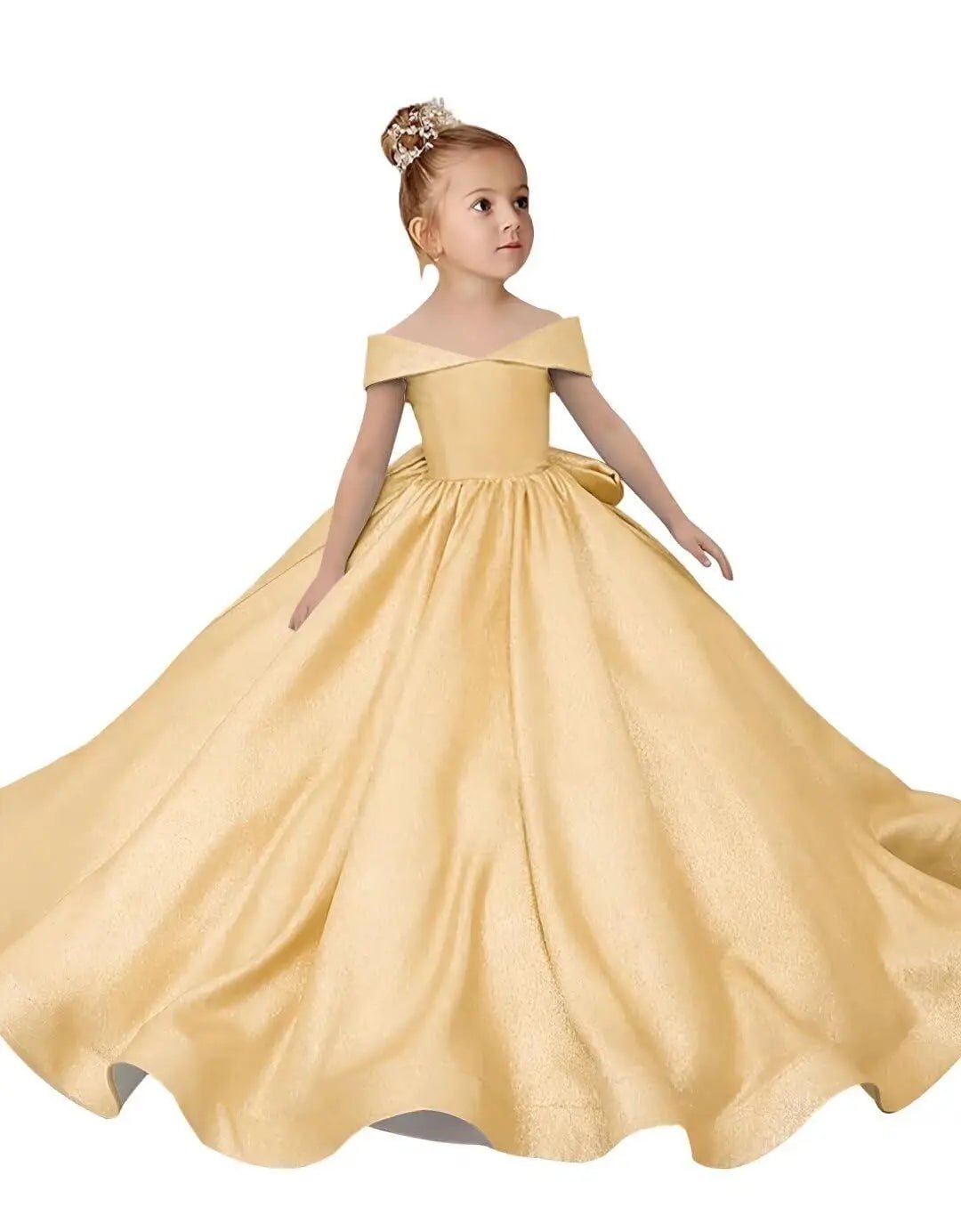 Off-Shoulder Satin Bow Flower Girl Ball Gown - Luzilly Bridal & Apparel