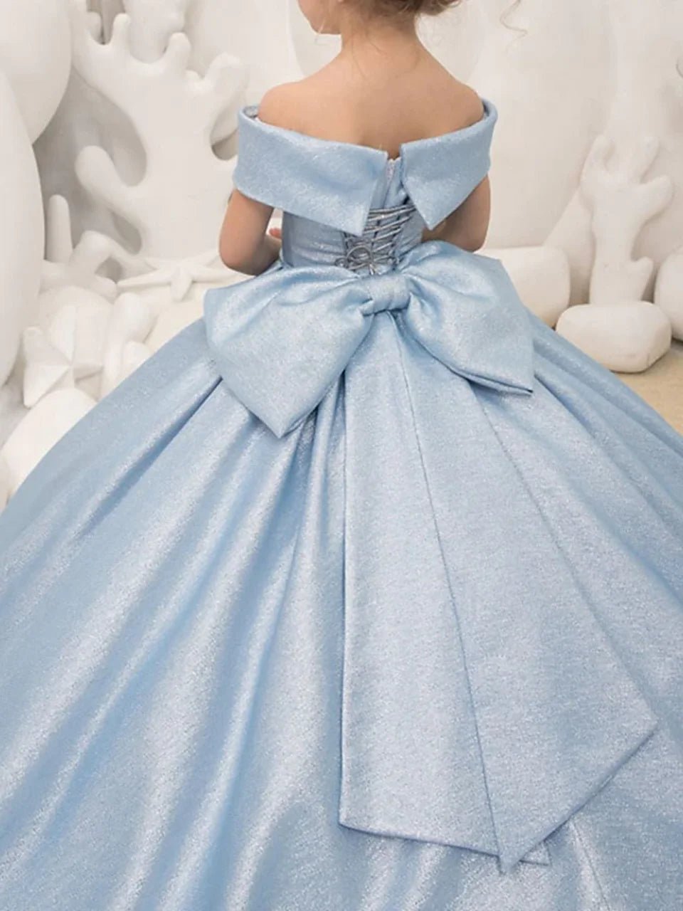 Off-Shoulder Satin Bow Flower Girl Ball Gown - Luzilly Bridal & Apparel