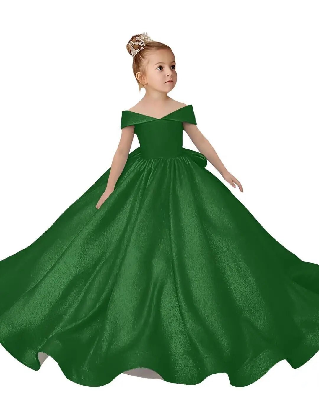 Off-Shoulder Satin Bow Flower Girl Ball Gown - Luzilly Bridal & Apparel