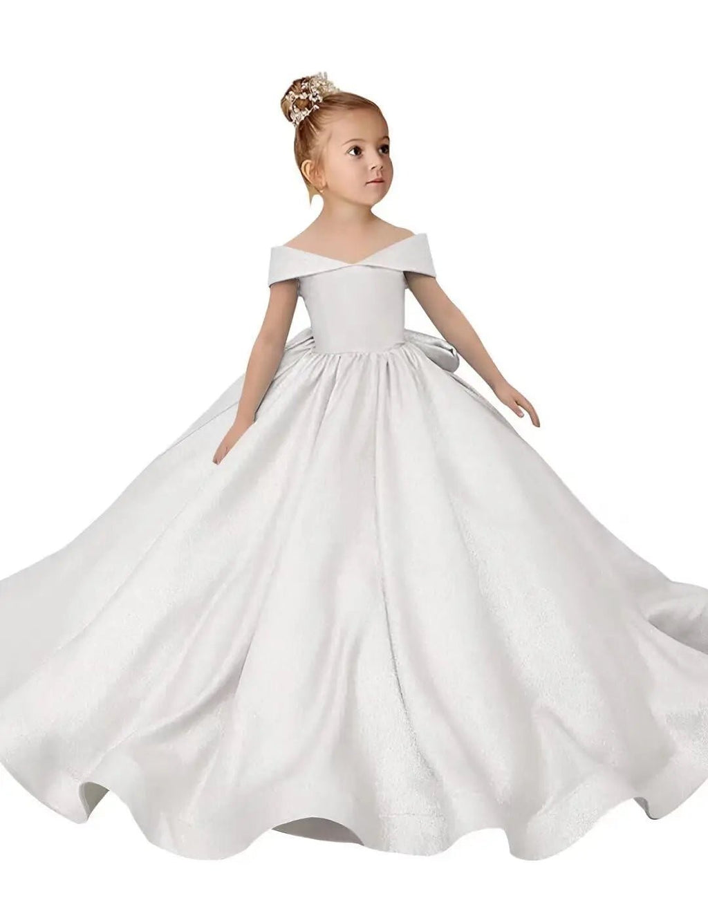 Off-Shoulder Satin Bow Flower Girl Ball Gown - Luzilly Bridal & Apparel