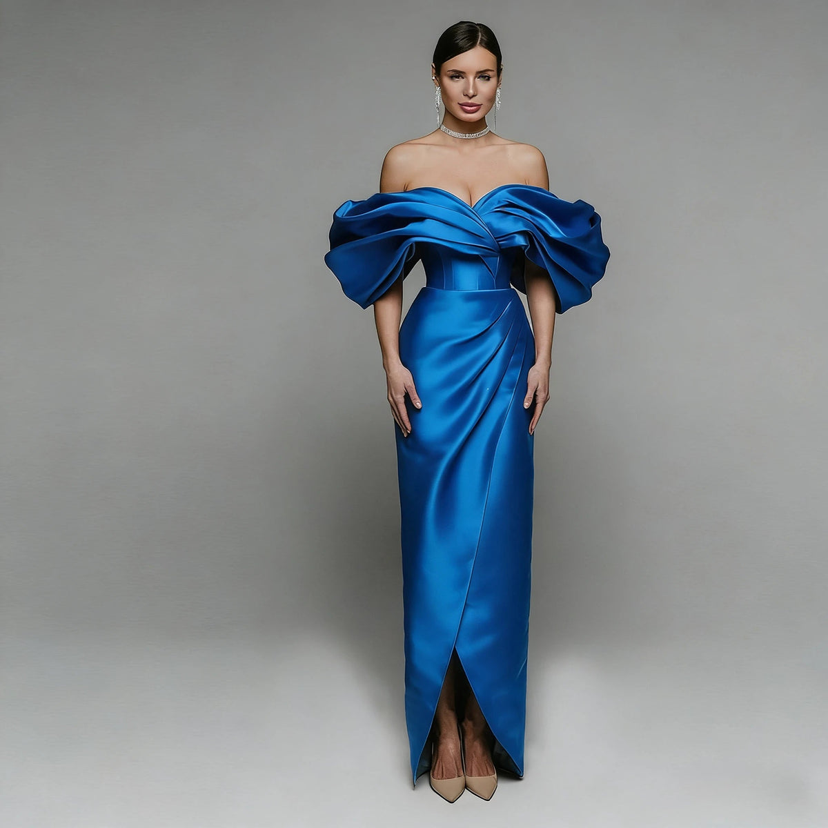 Off-Shoulder Satin Corset Prom Gown - Luzilly Bridal & Apparel