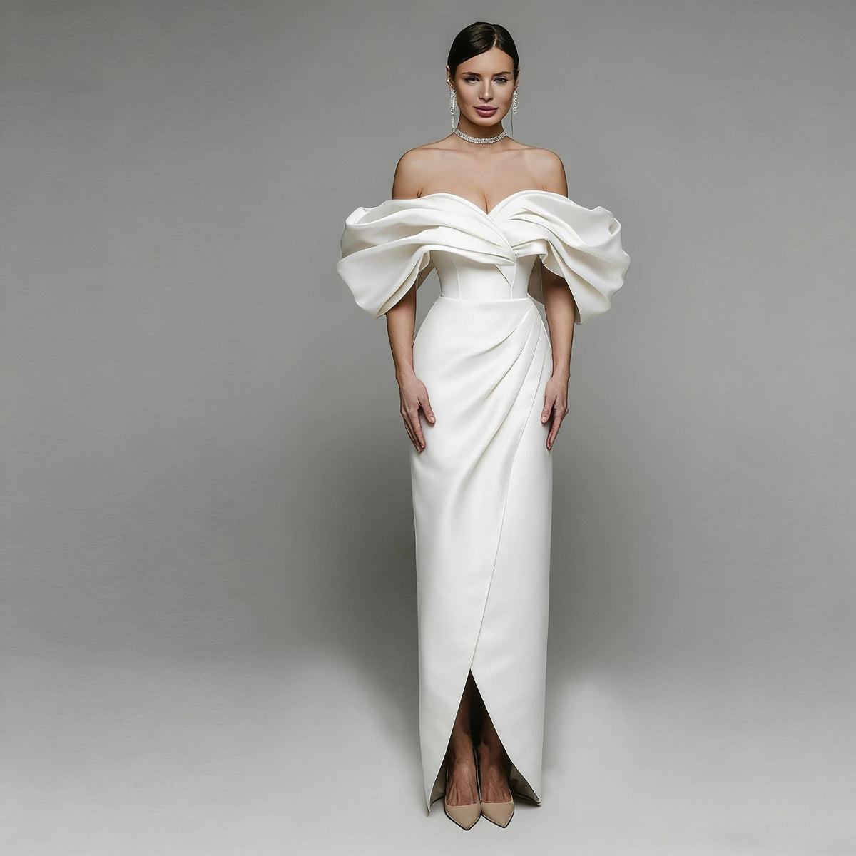 Off-Shoulder Satin Corset Prom Gown - Luzilly Bridal & Apparel