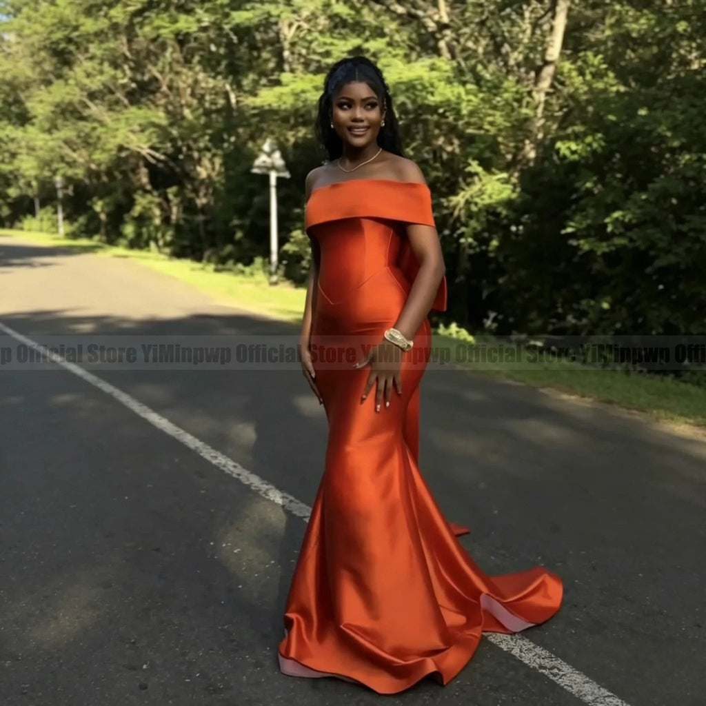 Off-Shoulder Satin Mermaid Bridesmaid Dress with Bow - Luzilly Bridal & Apparel