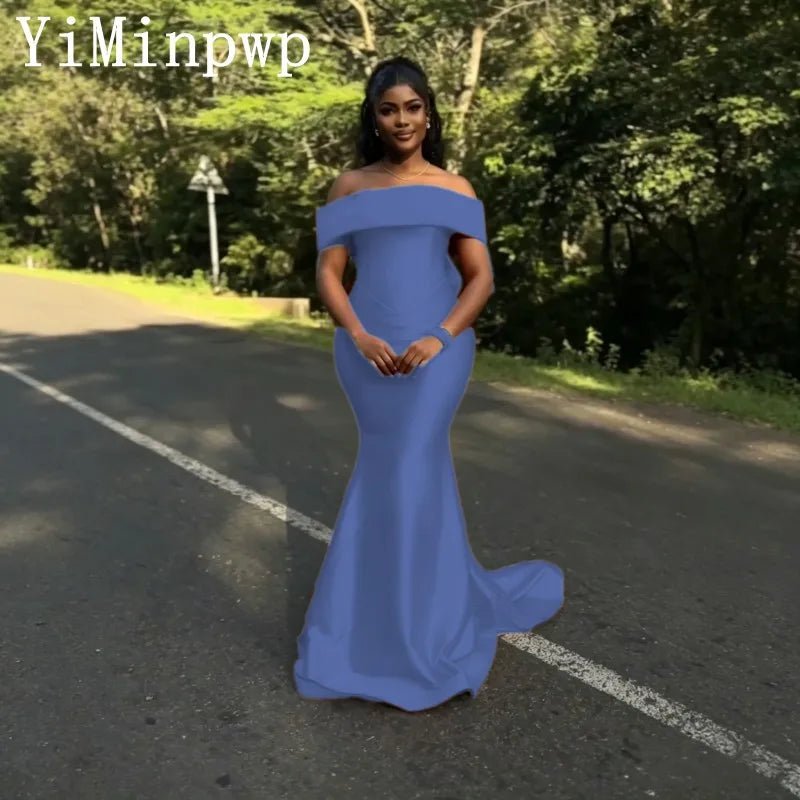 Off-Shoulder Satin Mermaid Bridesmaid Dress with Bow - Luzilly Bridal & Apparel