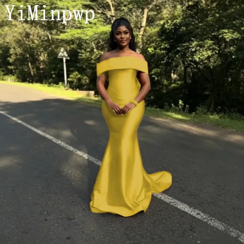 Off-Shoulder Satin Mermaid Bridesmaid Dress with Bow - Luzilly Bridal & Apparel
