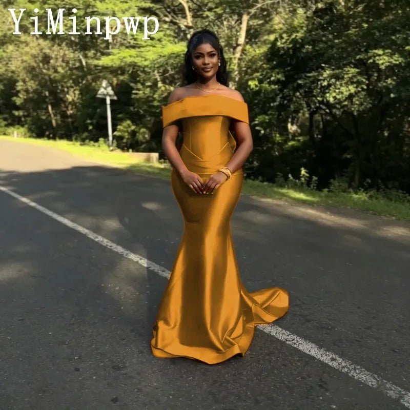 Off-Shoulder Satin Mermaid Bridesmaid Dress with Bow - Luzilly Bridal & Apparel