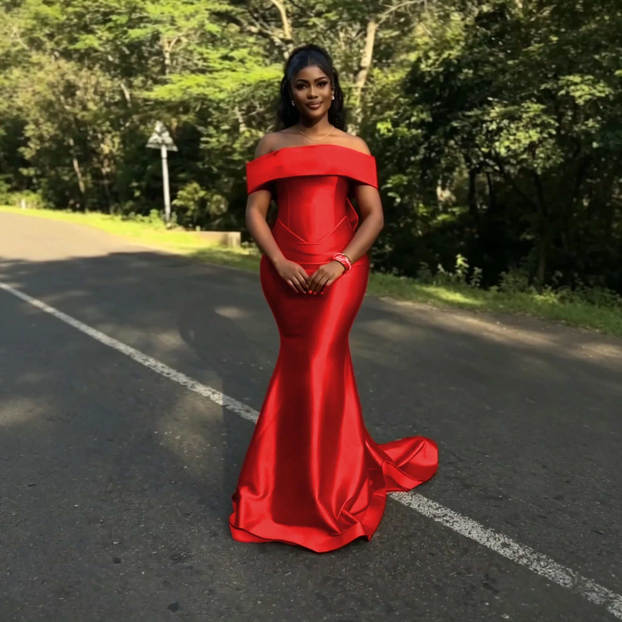 Off-Shoulder Satin Mermaid Bridesmaid Dress with Bow - Luzilly Bridal & Apparel