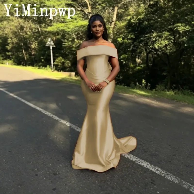 Off-Shoulder Satin Mermaid Bridesmaid Dress with Bow - Luzilly Bridal & Apparel