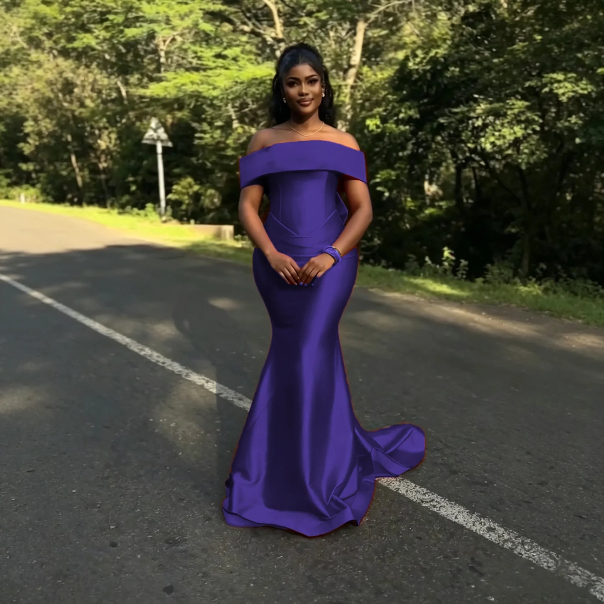 Off-Shoulder Satin Mermaid Bridesmaid Dress with Bow - Luzilly Bridal & Apparel