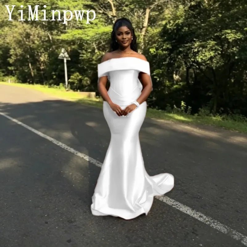 Off-Shoulder Satin Mermaid Bridesmaid Dress with Bow - Luzilly Bridal & Apparel