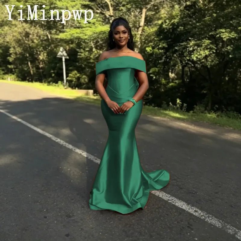 Off-Shoulder Satin Mermaid Bridesmaid Dress with Bow - Luzilly Bridal & Apparel