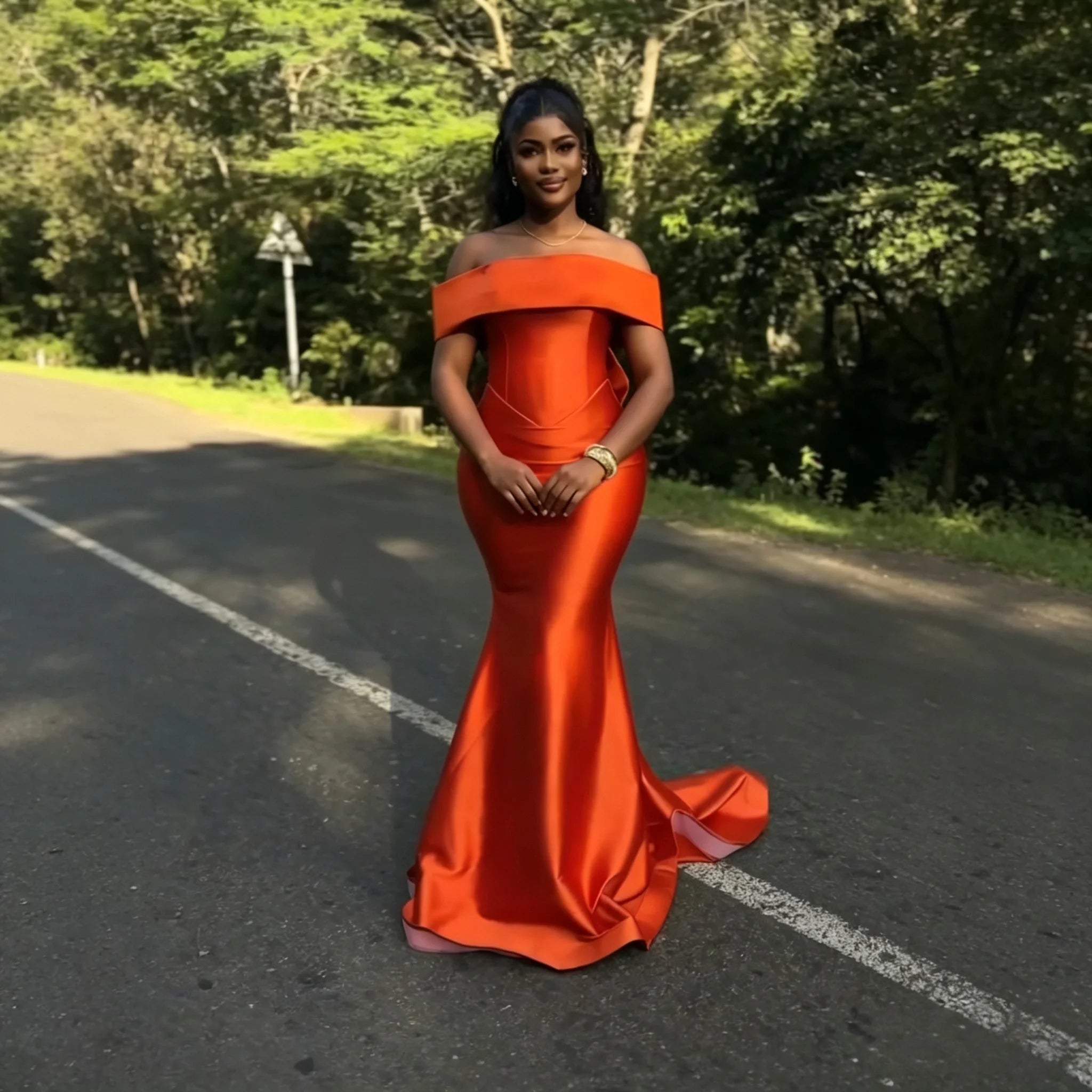Off-Shoulder Satin Mermaid Bridesmaid Dress with Bow - Luzilly Bridal & Apparel