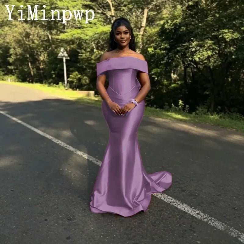 Off-Shoulder Satin Mermaid Bridesmaid Dress with Bow - Luzilly Bridal & Apparel