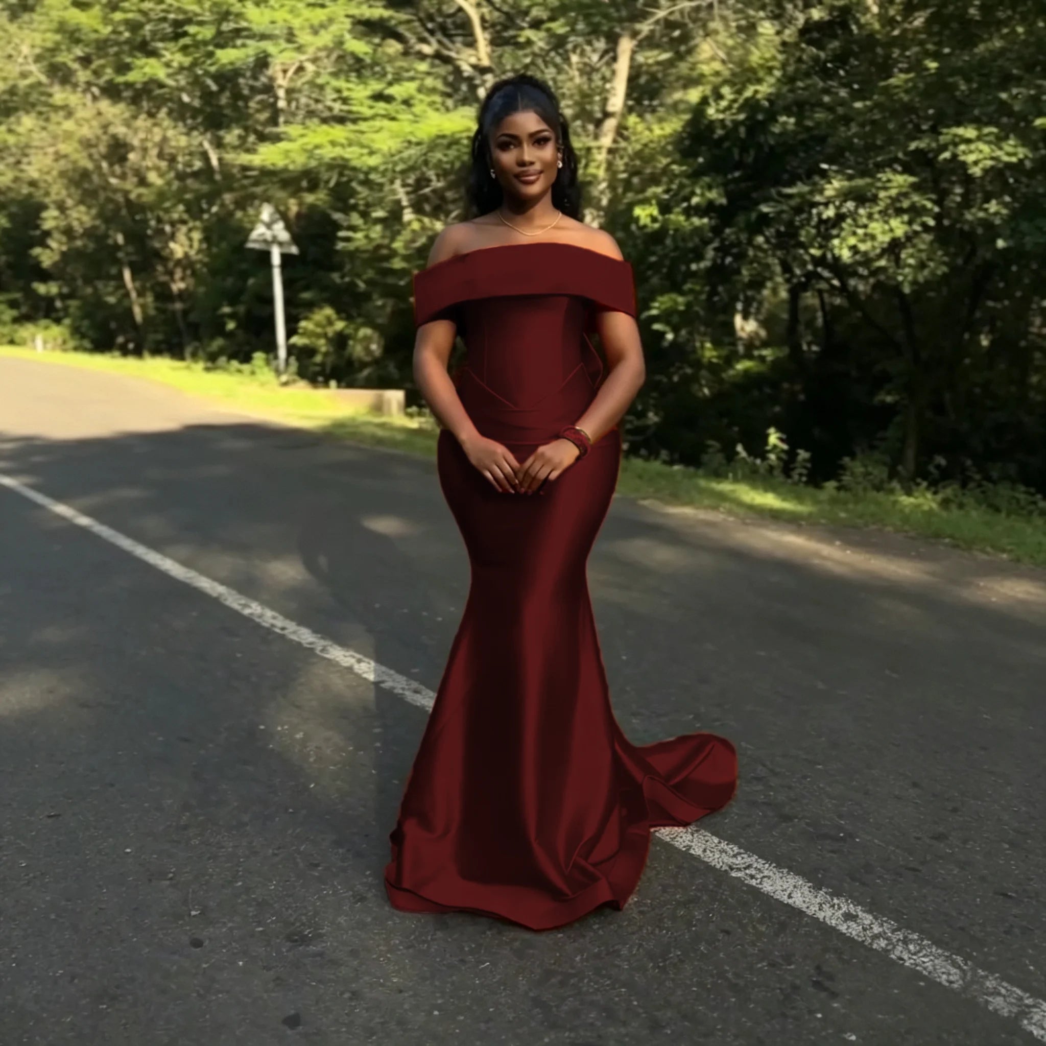 Off-Shoulder Satin Mermaid Bridesmaid Dress with Bow - Luzilly Bridal & Apparel