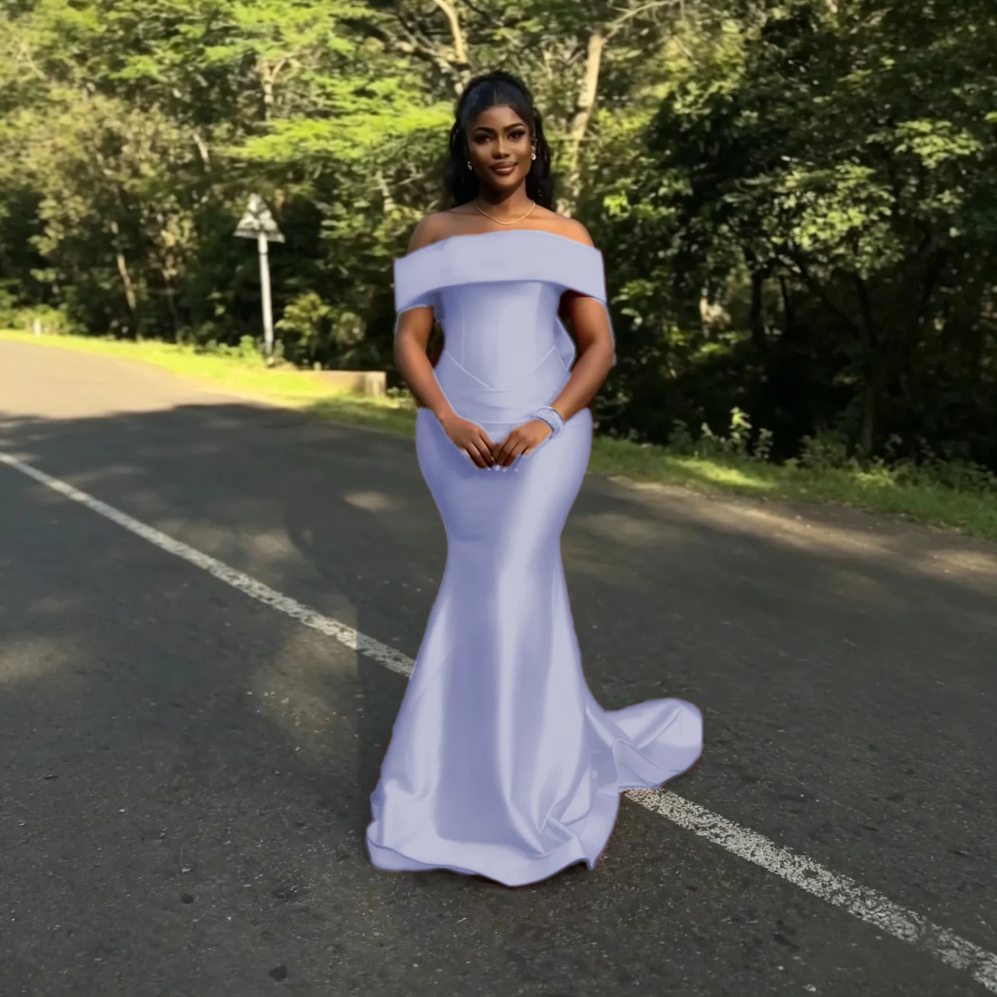 Off-Shoulder Satin Mermaid Bridesmaid Dress with Bow - Luzilly Bridal & Apparel