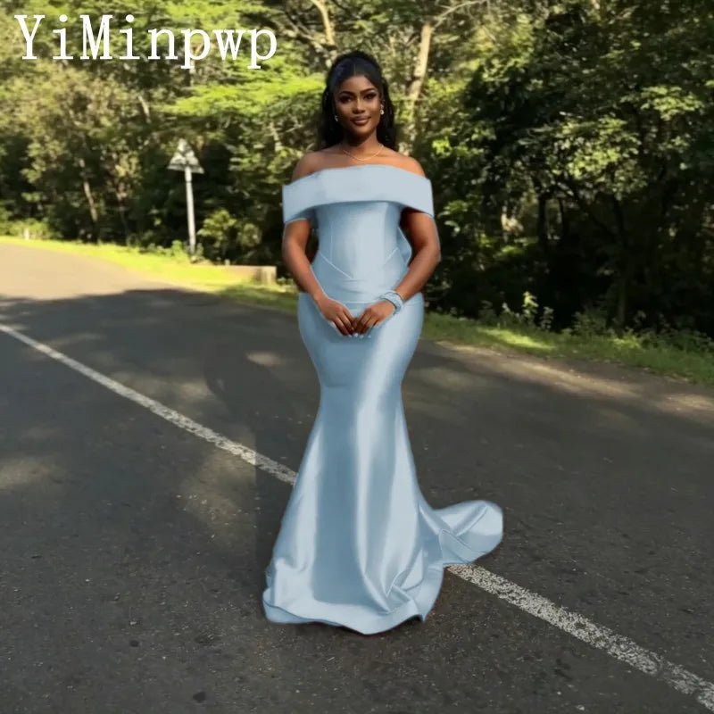 Off-Shoulder Satin Mermaid Bridesmaid Dress with Bow - Luzilly Bridal & Apparel