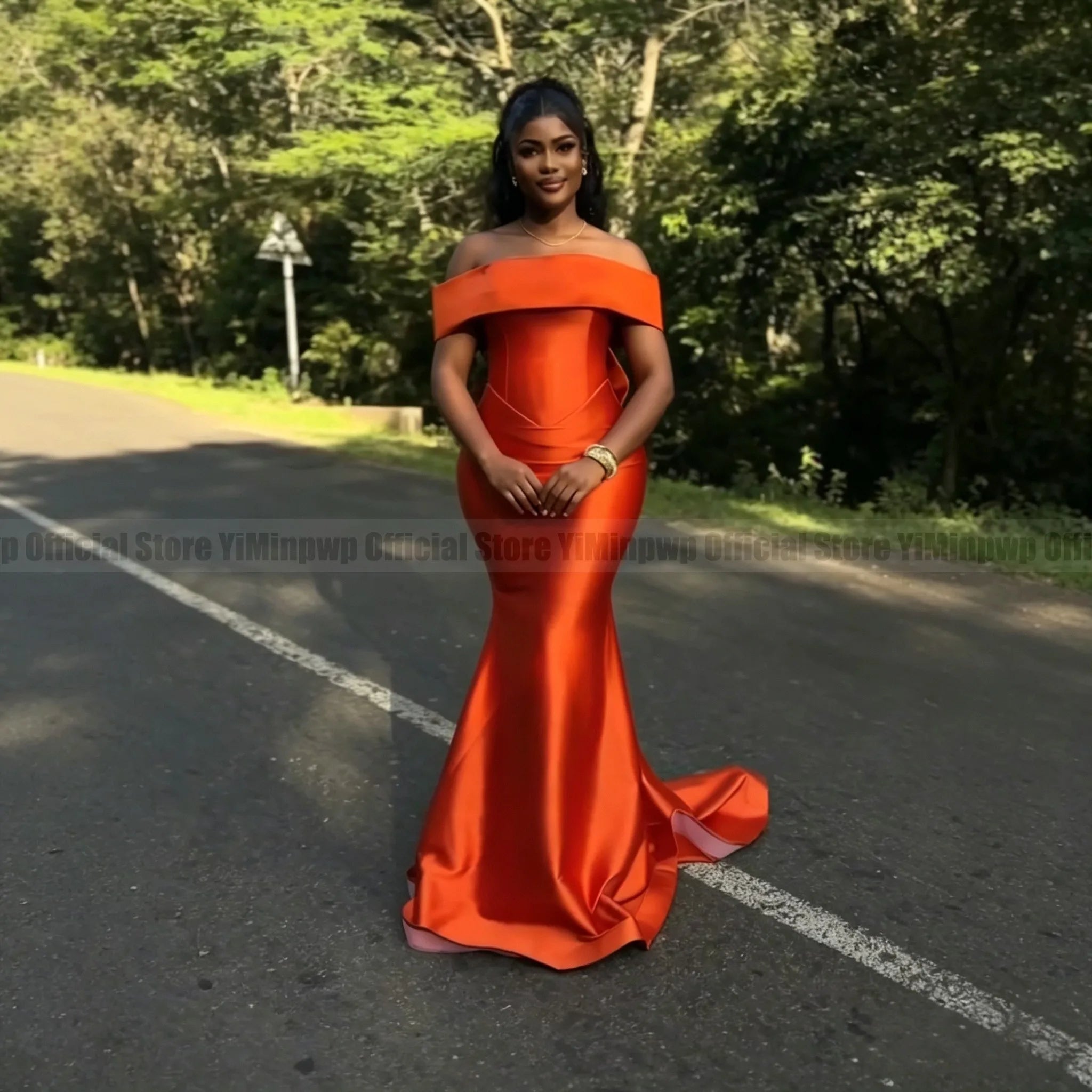 Off-Shoulder Satin Mermaid Bridesmaid Dress with Bow - Luzilly Bridal & Apparel