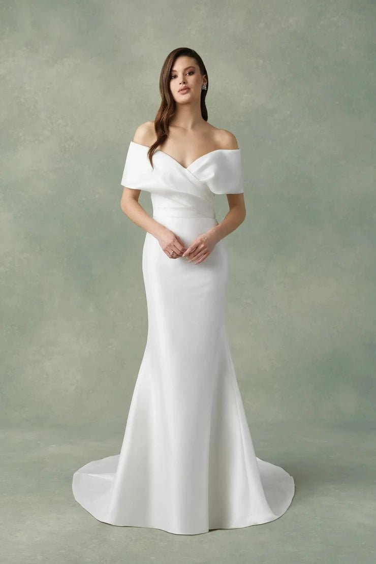 Off-Shoulder Satin Mermaid Wedding Gown with Court Train - Luzilly Bridal & Apparel