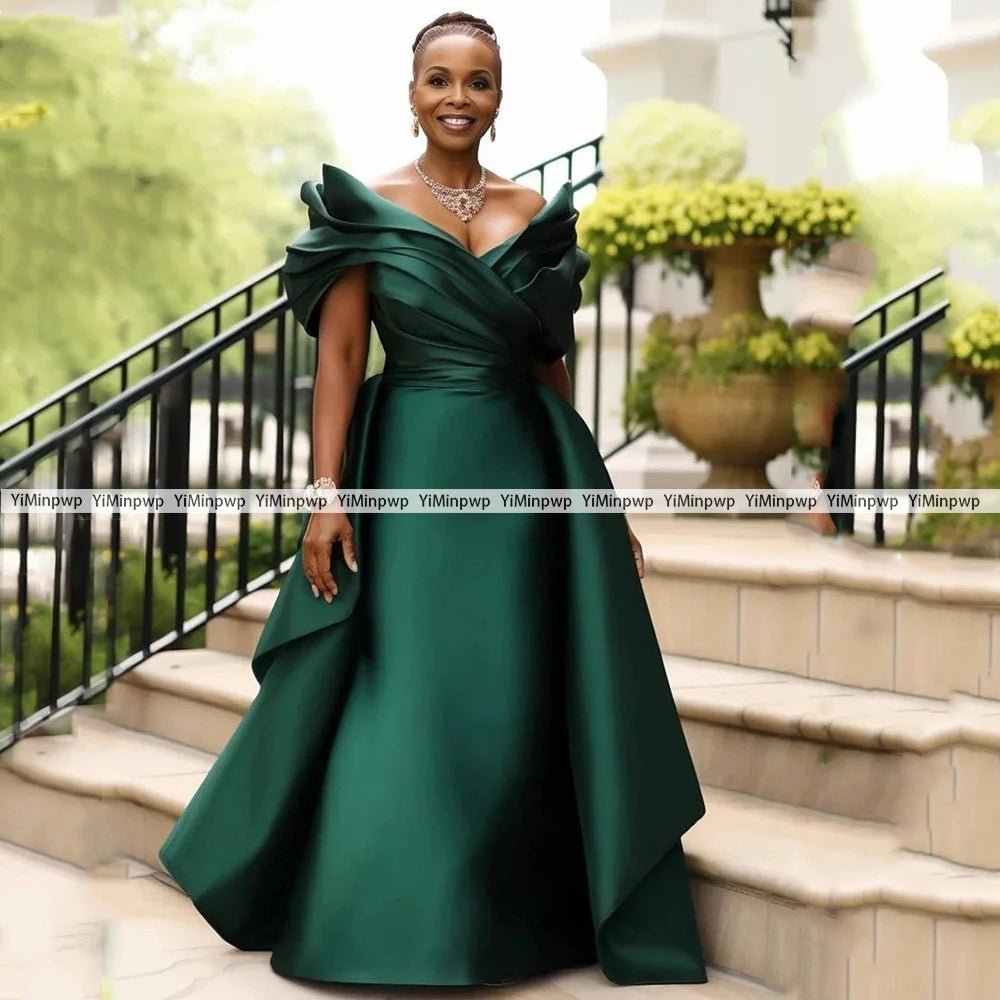 Off-Shoulder Satin Mother of the Bride Dress with Overskirt - Luzilly Bridal & Apparel