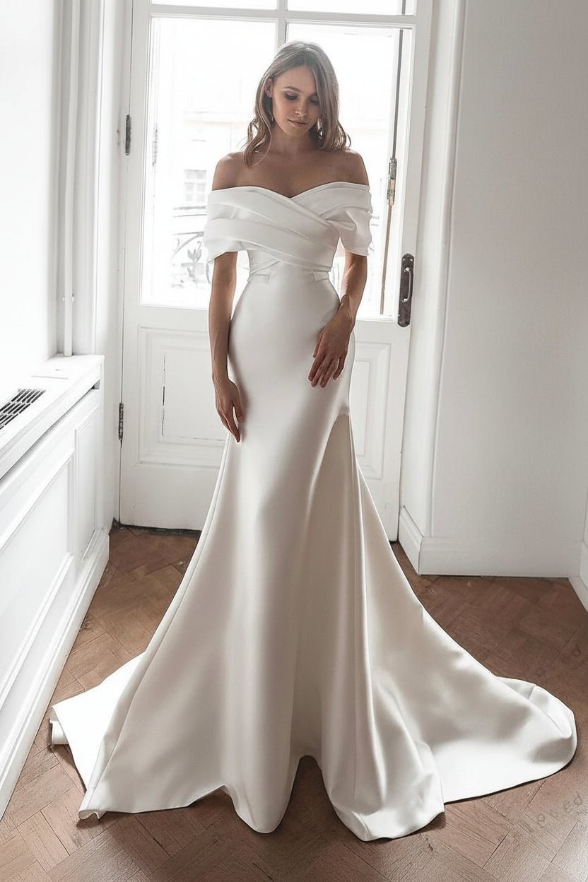 Off-Shoulder Satin Tiered Mermaid Wedding Dress - Luzilly Bridal & Apparel