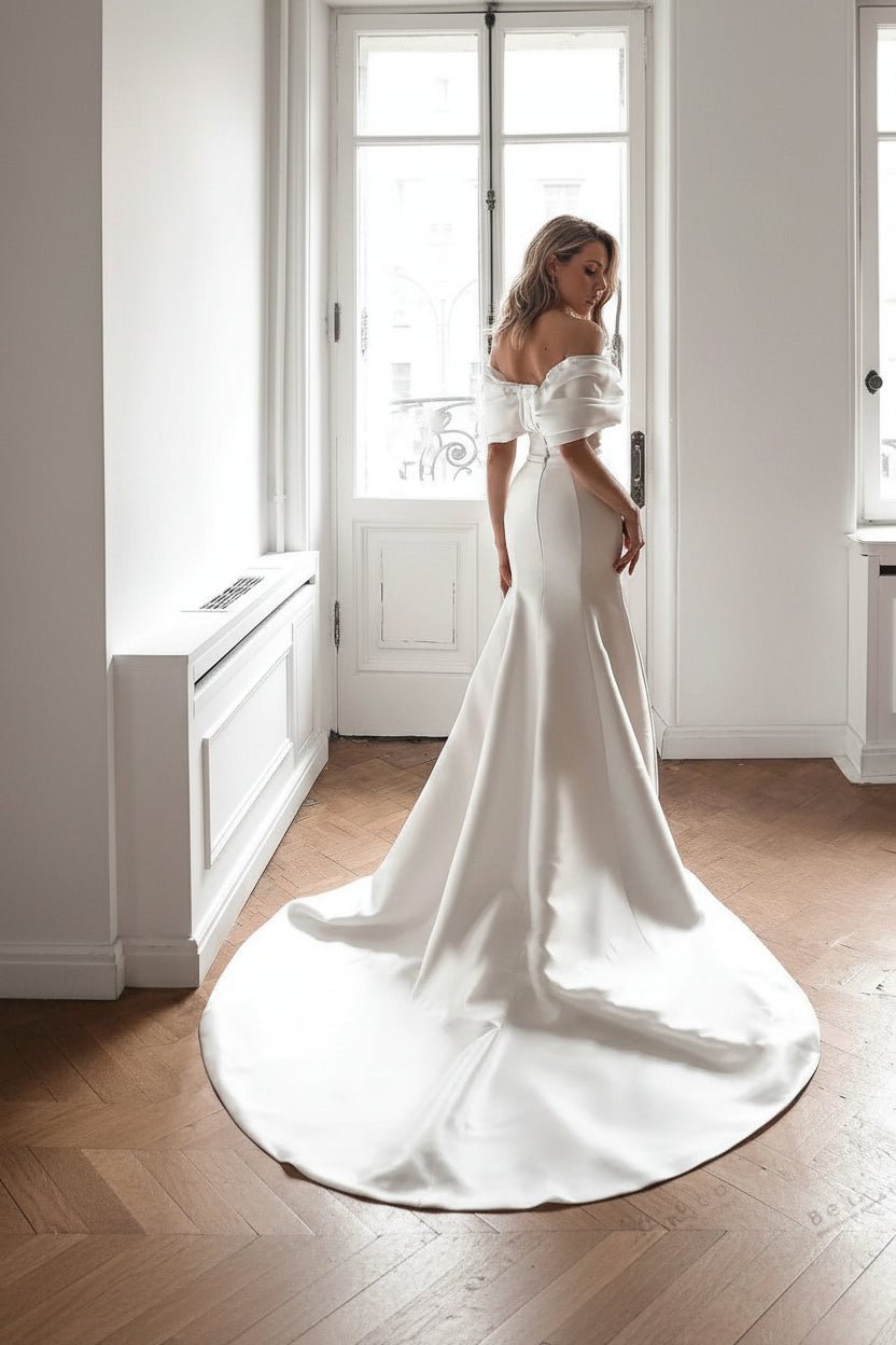 Off-Shoulder Satin Tiered Mermaid Wedding Dress - Luzilly Bridal & Apparel