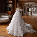 Off-Shoulder Satin Wedding Gown with 3D Flowers & Long Gloves - Luzilly Bridal & Apparel