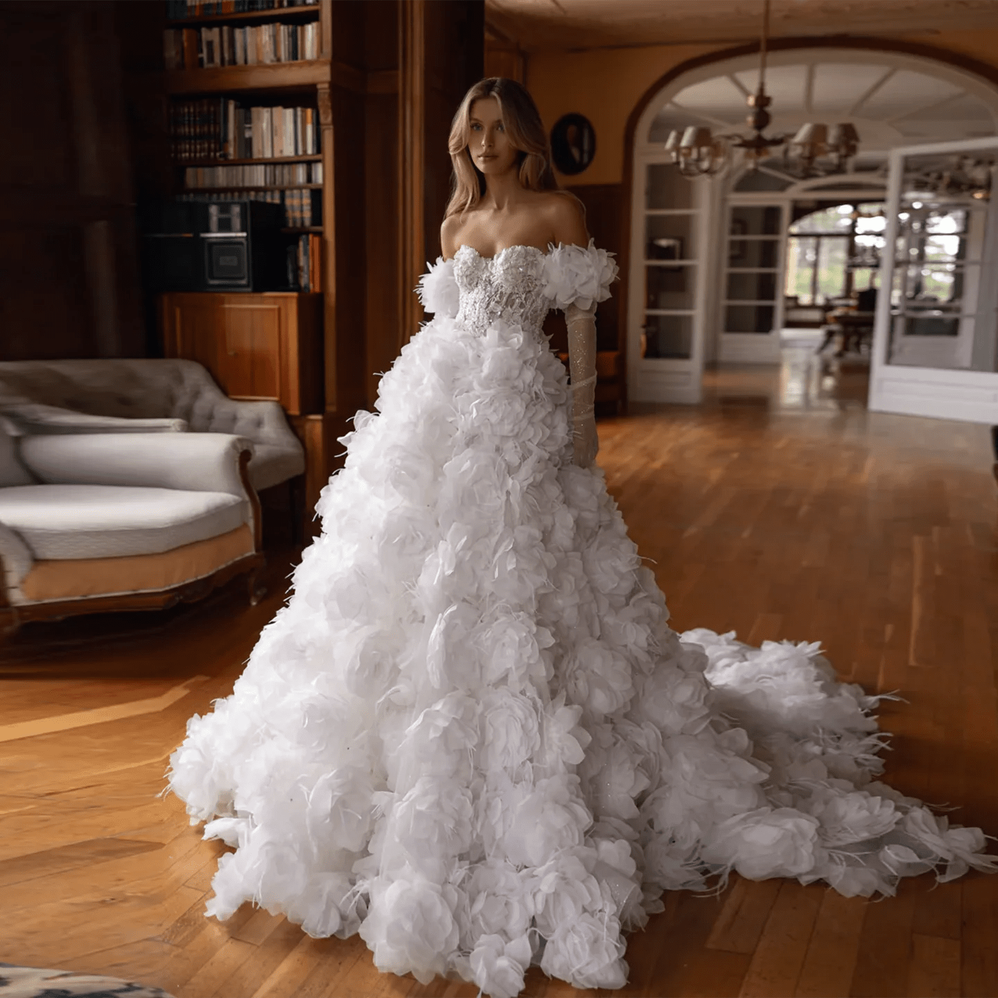 Off-Shoulder Satin Wedding Gown with 3D Flowers & Long Gloves - Luzilly Bridal & Apparel