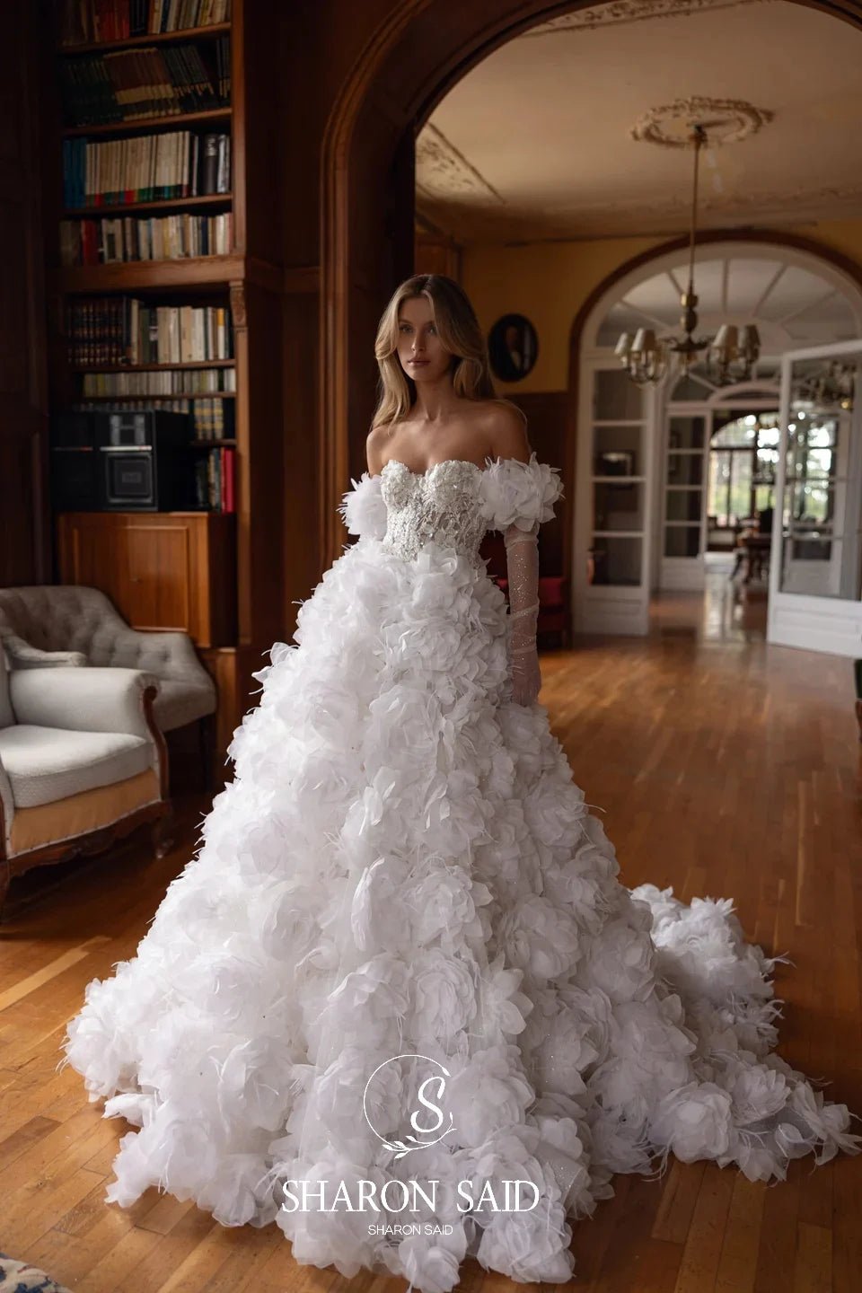 Off-Shoulder Satin Wedding Gown with 3D Flowers & Long Gloves - Luzilly Bridal & Apparel