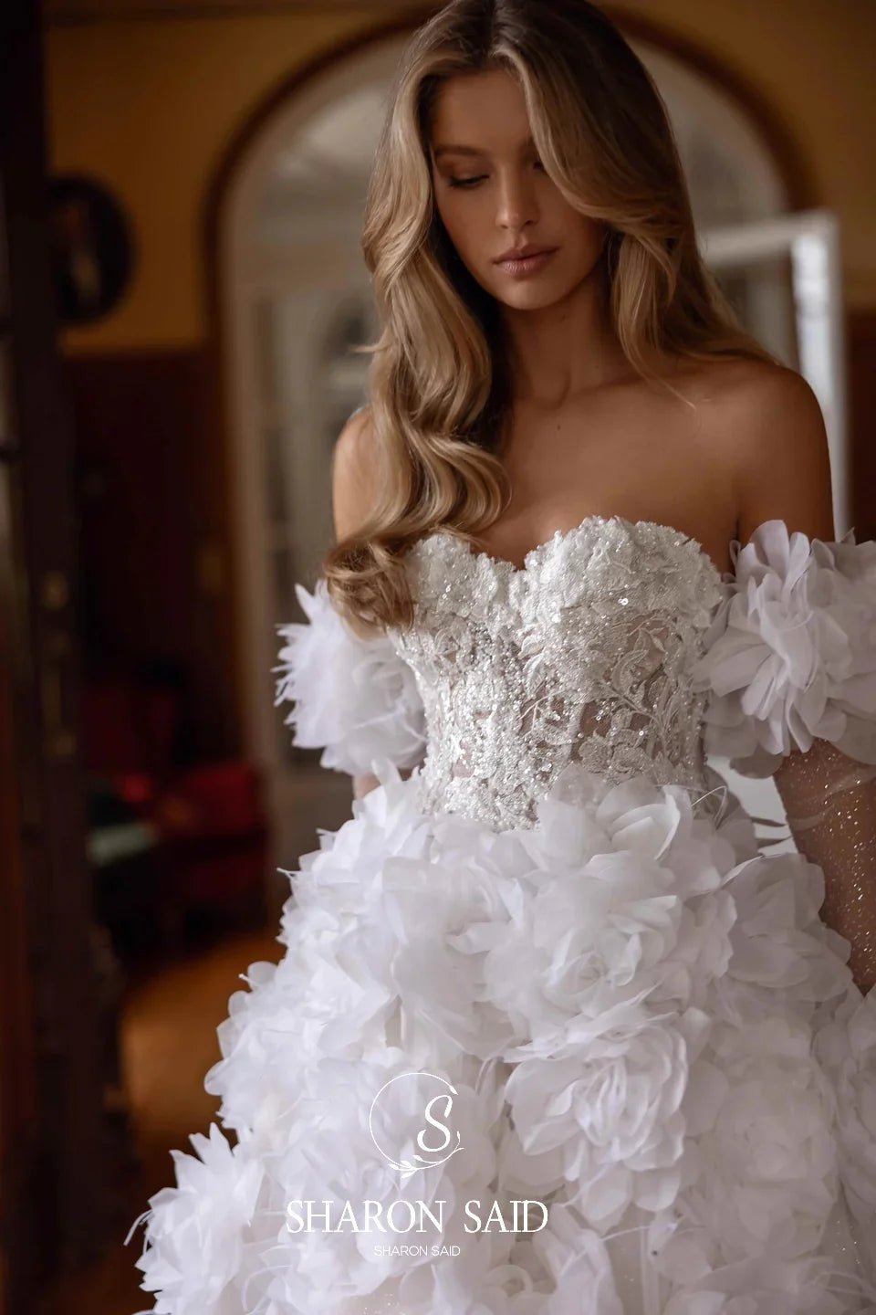 Off-Shoulder Satin Wedding Gown with 3D Flowers & Long Gloves - Luzilly Bridal & Apparel