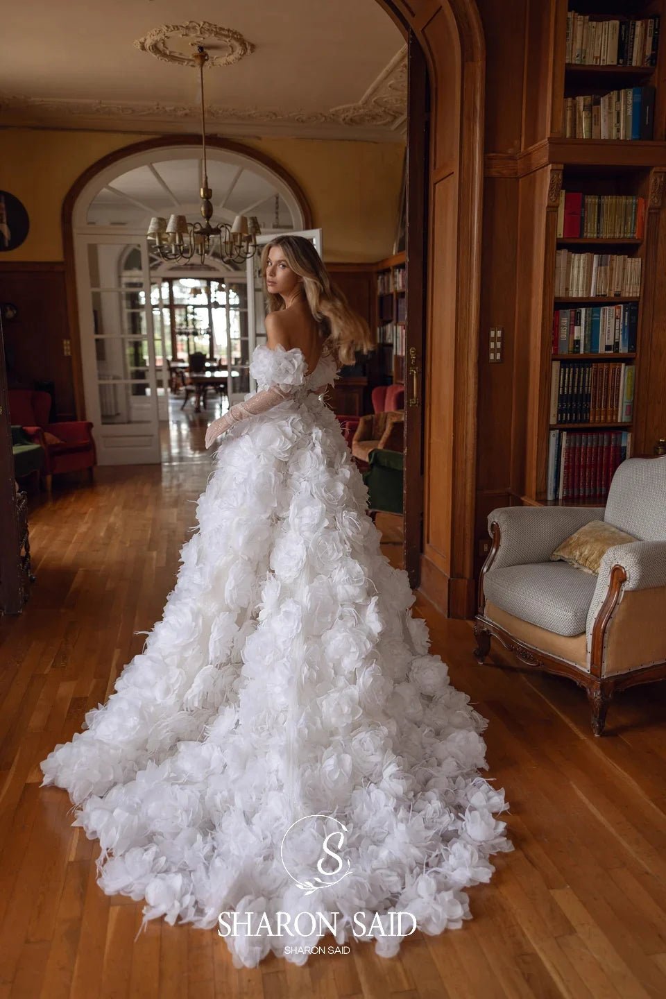 Off-Shoulder Satin Wedding Gown with 3D Flowers & Long Gloves - Luzilly Bridal & Apparel