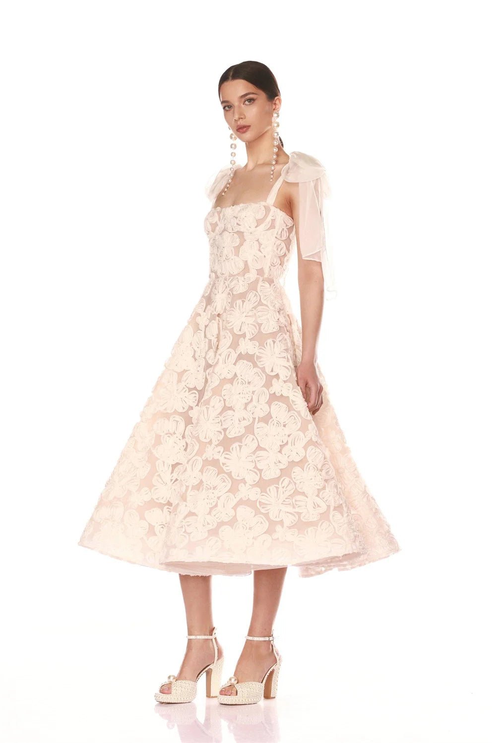Off-White Lace Tea-Length A-Line Wedding Dress with Bow Straps - Luzilly Bridal & Apparel
