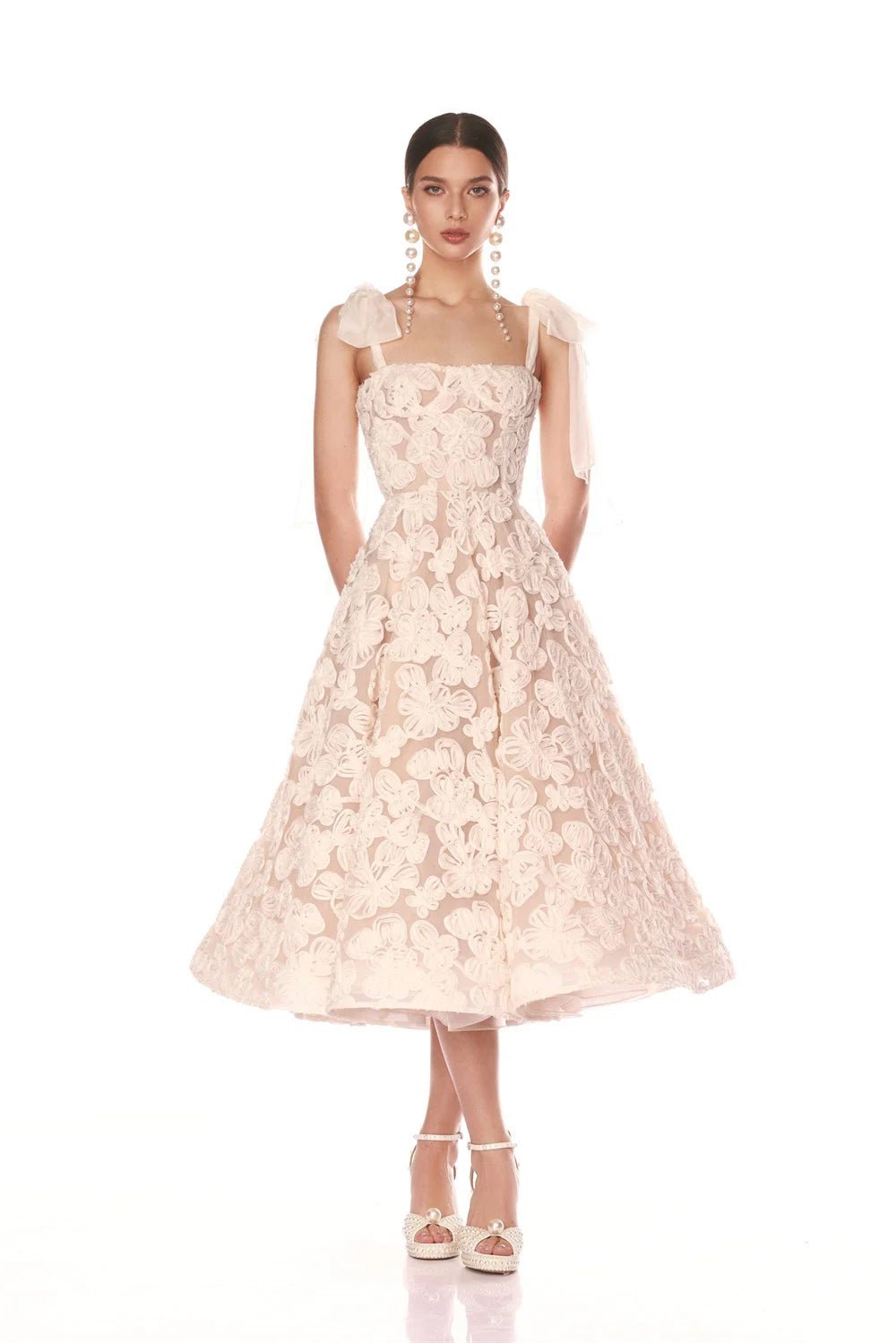 Off-White Lace Tea-Length A-Line Wedding Dress with Bow Straps - Luzilly Bridal & Apparel