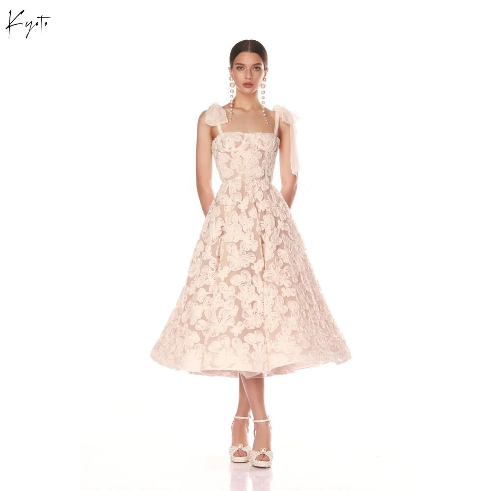 Off-White Lace Tea-Length A-Line Wedding Dress with Bow Straps - Luzilly Bridal & Apparel